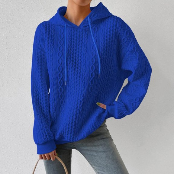 Blue Womens Tops Women's Textured Long Sleeve Drop Shoulder Drawstring Pullover Solid Hoodie Fall Outfits for Women 2025
