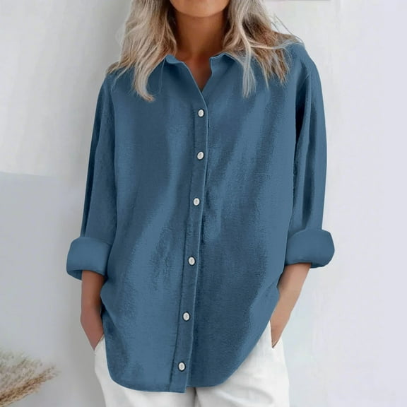 Blue Womens Blouses Womens Daily Casual Linen Shirts Long Sleeve Shirts Tops Casual Blouses Loose Fit Shirt Ladies Tops and Blouses