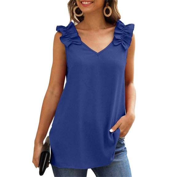 Blue Womens Tops Womens Ruffles Shoulder V Neck Sleeveless Casual Summer Blouse Tunic Tank Tops Shirts for Women