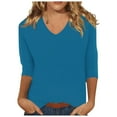 thumbnail image 1 of Blue Womens Tops Womens Tops 3/4 Sleeve Summer Solid Plain Travel Cute Tops V Neck Slim Fit Half Sleeve Tshirts Shirts Spring Blouse Going Out Tops for Women, 1 of 5