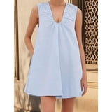 Blue Womens V-Neck Sleeveless Loose A-Line Tank Dress With Pocket For ...
