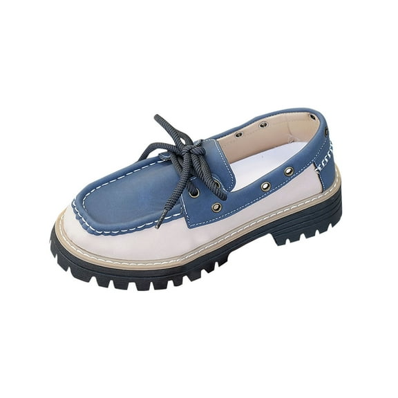 Blue Womens Versatile Loafers With Lace-Up Detail Round Toe Flat Thick Sole Chunky Heel For Various Outfits