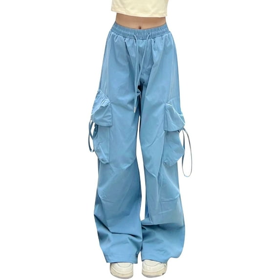 Blue Womens Workwear Pants Drawstring Pants With 4 Pockets High Rise Elastic Waistband Street Summer Cargo Pants Women Size XL