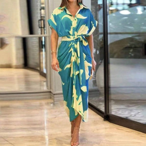 Blue Womens Wrap Shirt Dress With Turn-Down Collar, High-Waisted Belted Design And Asymmetrical Hem