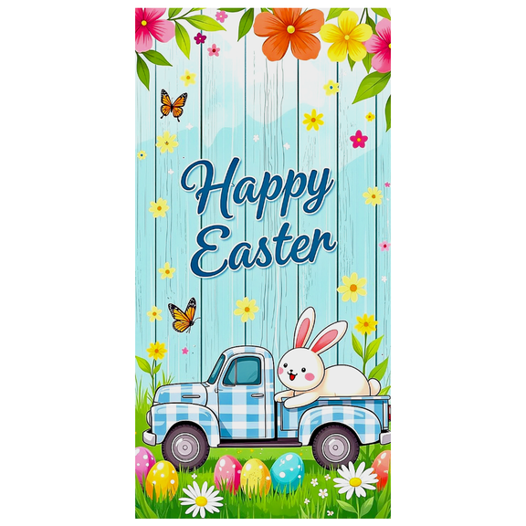 Blue Wood Background Easter Bunny Truck Banner with Flowers Butterflies Happy Easter Party Decorations Photography Props Spring Events Decor Backdrop