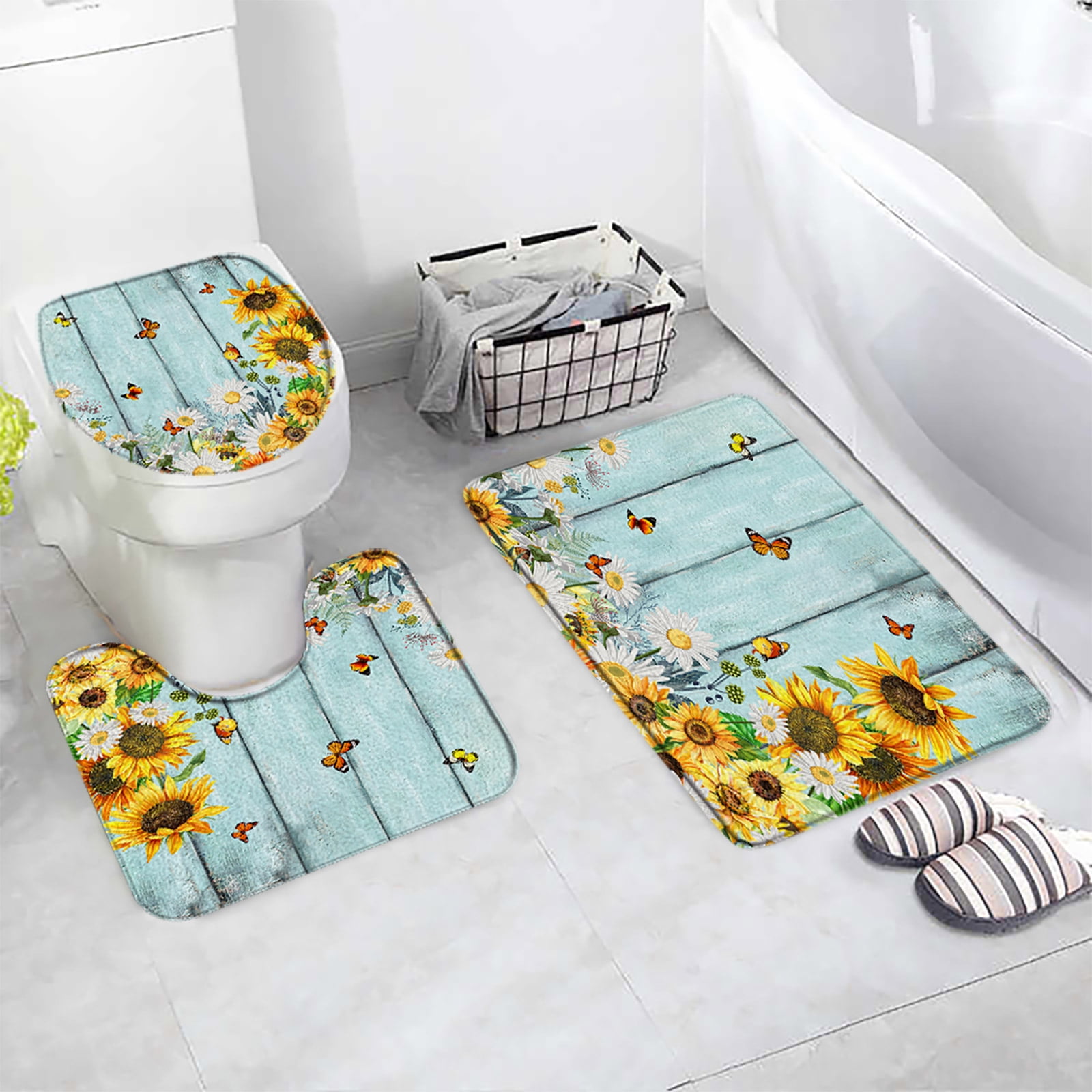 Leopard Sunflower Car Floor Mats 4-Piece Set - Blue Butterfly Print, Non-Slip, Fits Most Cars, SUVs, Trucks (Front & Rear)