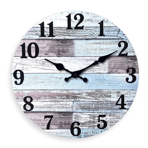 Blue Wood Clock for Living Room Farmhouse Wall Clocks Battery Operated 12 Inch Analog Rustic Wall Clock Silent (MDF No Solid Wood)