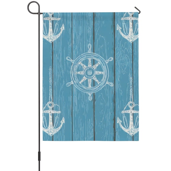 Blue Wood Grain Garden Flags For Outdoor, Striped Anchor Rudder Nautical Vintage Small Double Side Yard Flags Weather Proof Garden Decor for Lawn Outside Holiday 12 x 18 Inches