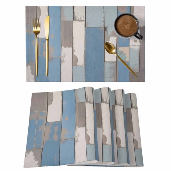 Blue Wood Grain Placemats Set of 8, Farmhouse Mottled Striped Plank Placemats for Dining Table, Place Mats for Kitchen Tabletop, Waterproof Wipeable Dining Table Mats Set
