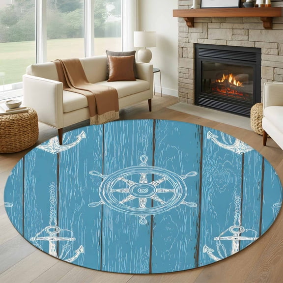 Blue Wood Grain Washable Round Area Rug 8 ft, Striped Anchor Rudder Nautical Vintage, Soft Non Slip Rugs Stain Repellent Indoor Felt Carpet for Living Dining Room Bedroom Home Office