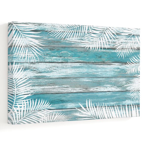 Blue Wood Grains Canvas Wall Art, Summer Coastal White Palm Leaf Tropical Fronds Wall Art Prints Artwork Framed Canvas Ready to Hang Art Pictures for Dining Room Bedroom Study Lounge Nook 18" x 12"