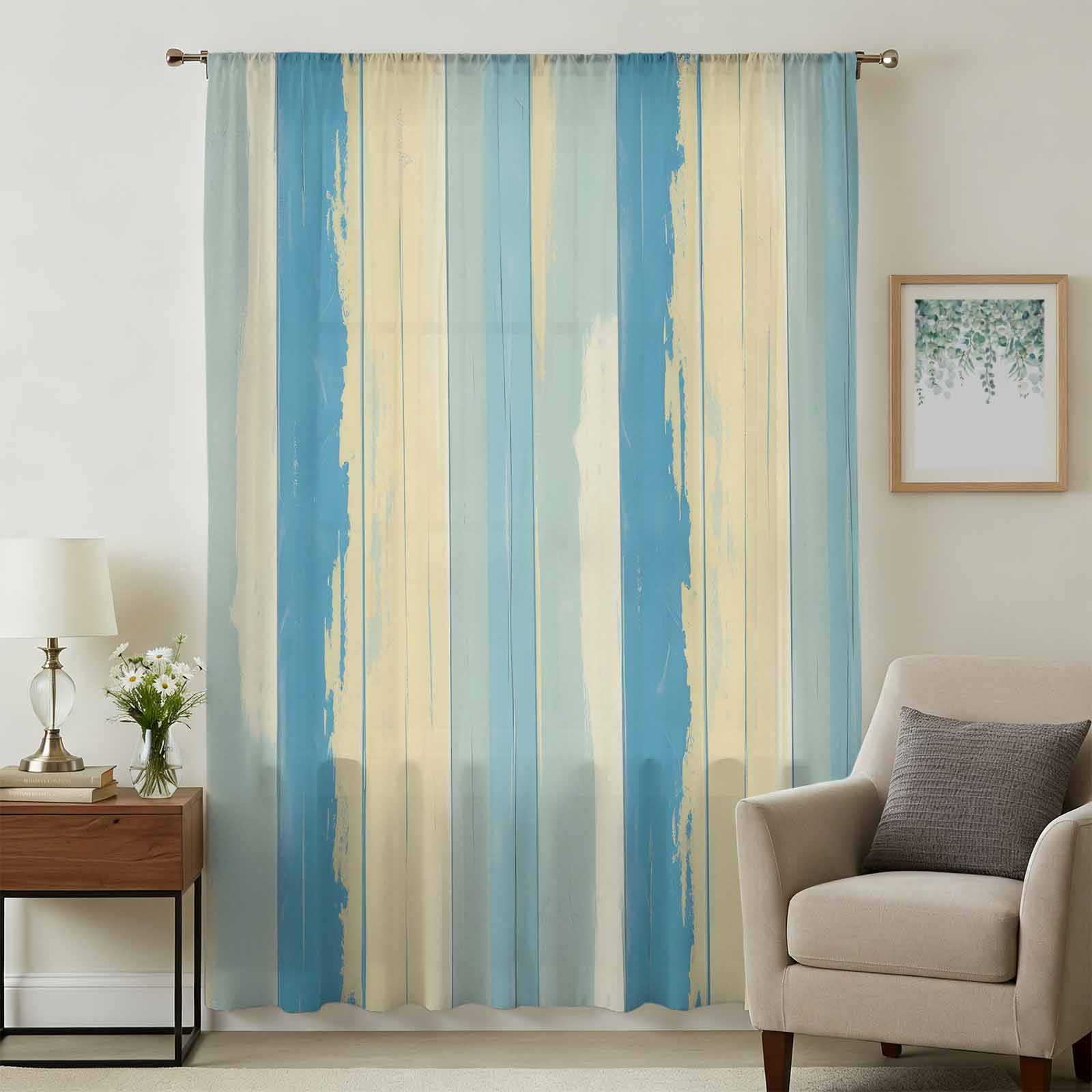 Blue Wood Planks Sheer Curtains 72 Inches Long, Gradient Wooden Grain ...