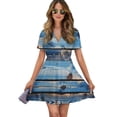 Blue Wood Planks Texture Women Dress V-Neck Short Sleeve Flowy Swing ...