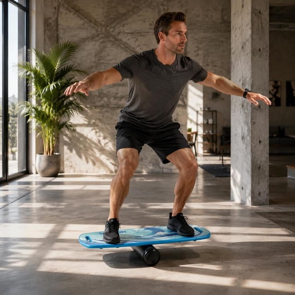 Blue Wooden Balance Board Trainer with Roller, Magnetic Stoppers, and Storage Rack for Core Workouts