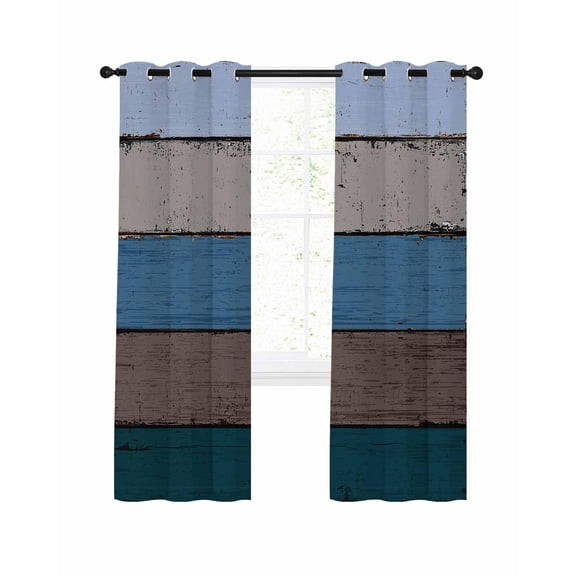 Blue Wooden Blackout Curtains, Light Blocking Print Window Curtains, Grey Stripe Gradient Country Rustic Grain Thermal Insulated Window Drapes for Living Room Kitchen Cafe 2 Panels, 55"W x 39"L
