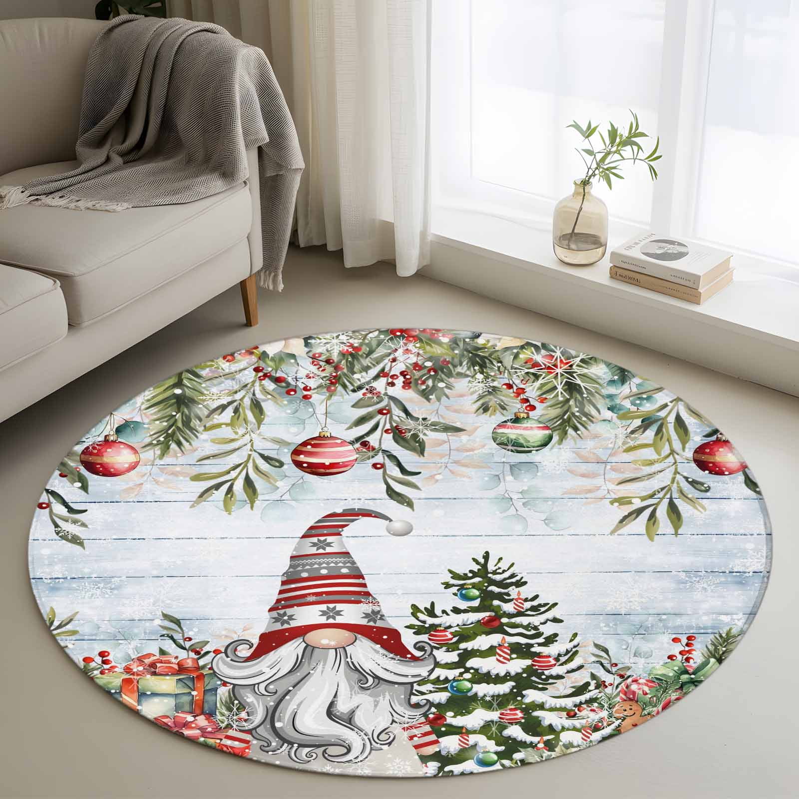 Blue Wooden Christmas Gnomes Round Rug 3ft Washable Circle Entryway ...