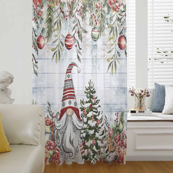 Blue Wooden Christmas Gnomes Semi Sheer Curtains Drapes for Living Room,Bedroom,French Doors Window 45 Inches Long,Xmas Tree Poinsettia Winter Rod Pocket Chiffon Curtain Voile Drapery Panel