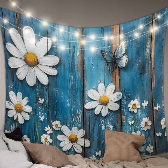 Blue Wooden Daisy Tapestry for Bedroom Wall Hanging Tapestry, Vintage Farmhouse Butterfly Flowers Ceiling Backdrop Tapestries Poster Blanket Wall Decor for Teens Room Living Room Dorm 55" x 73"