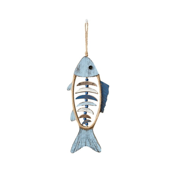 Blue Wooden Fish Bone Wall Decor 18.5x8.26 Inch Vintage Hanging Art for Living Room Bathroom Bedroom Nautical Theme Home Decoration