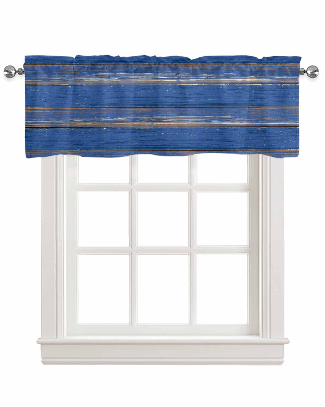 Blue Wooden Grain Kitchen Valances for Windows Farmhouse Linen Window Valance Curtain for Living Room Window Treatment Farmhouse Mottled Planks Country Valance Rod Pocket Topper Drape, 60 x 18 Inch