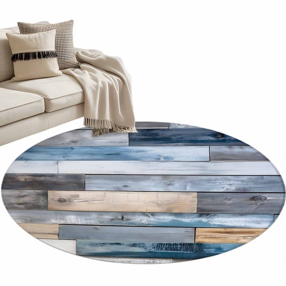 Blue Wooden Grain Large Area Rugs for Bedroom Living Room, Soft Non Slip Carpet Bedside Rug, Farmhouse Country Abstract Art Round Floor Cover Kitchen Accent Rug 3.3' for Dining Room/Office