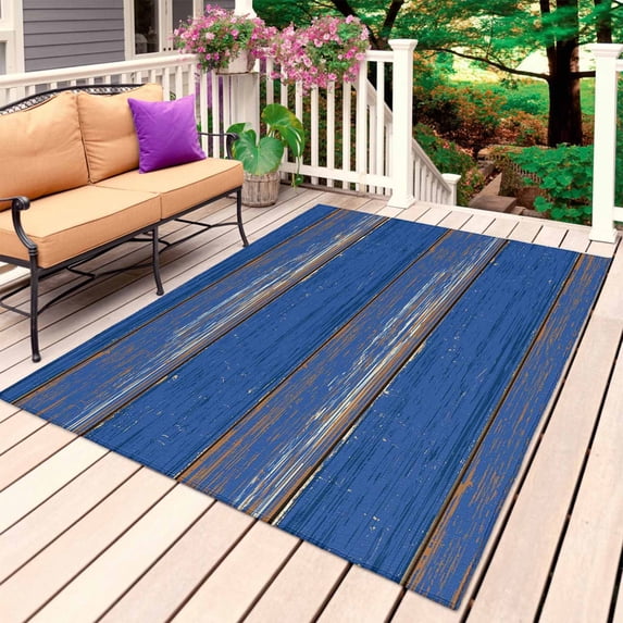 Blue Wooden Grain Outdoor Rug for Patio/Deck/Porch, Non-Slip Large Area Rug 5 x 8 Ft, Farmhouse Mottled Planks Country Indoor Outdoor Rugs Washable Area Rugs, Reversible Camping Rug Carpet Runner