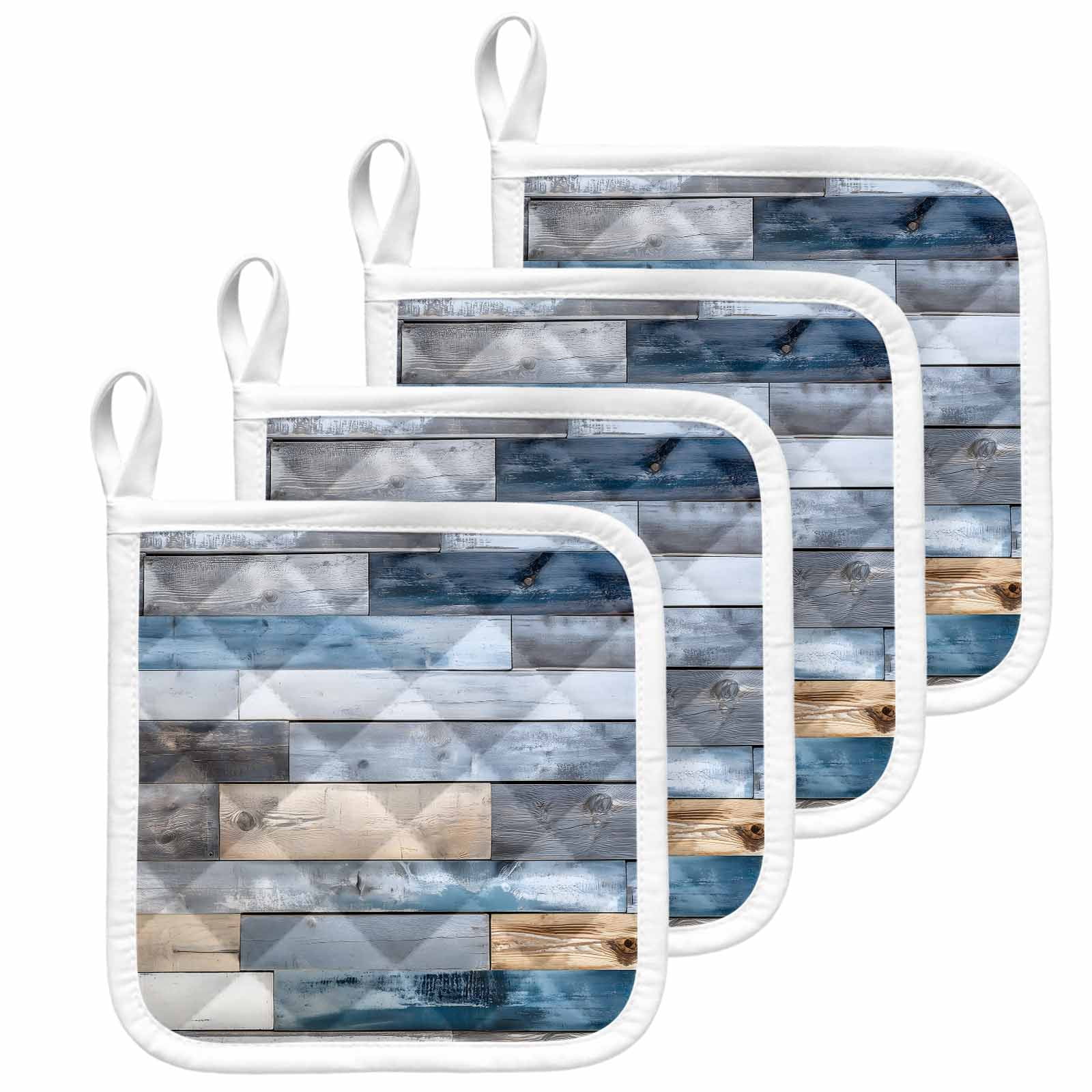 Blue Wooden Grain Pot Holders for Kitchen Heatproof Potholder, 4 Pack Farmhouse Country Abstract Art Hot Pads Multipurpose Oven Pads Cloth Potholders Trivet for Cooking and Baking