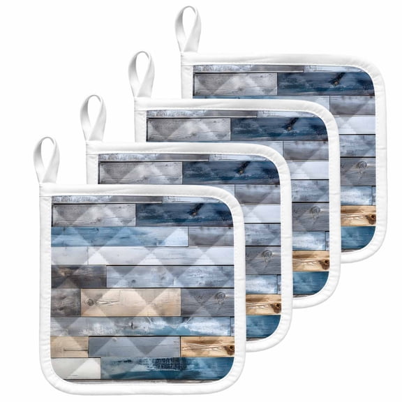 Blue Wooden Grain Pot Holders for Kitchen Heatproof Potholder, 4 Pack Farmhouse Country Abstract Art Hot Pads Multipurpose Oven Pads Cloth Potholders Trivet for Cooking and Baking