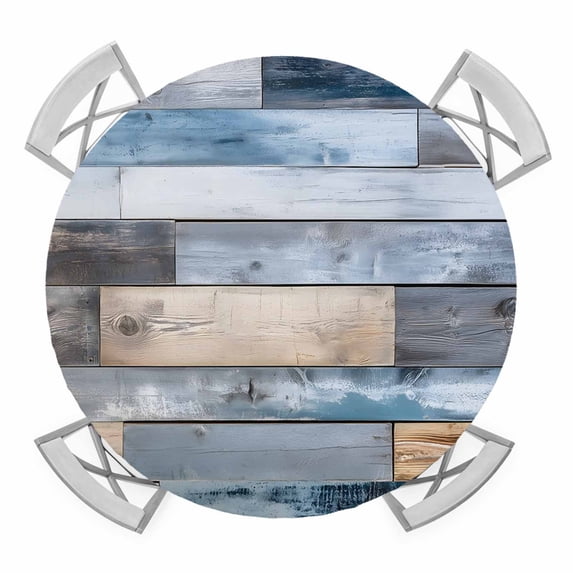 Blue Wooden Grain Round Tablecloth for 36-44 Inch Tables, Fitted Table Cover with Elastic Edge, Farmhouse Country Abstract Art Waterproof Outdoor Table Cloth Protector for Patio Garden Dinner Picnic