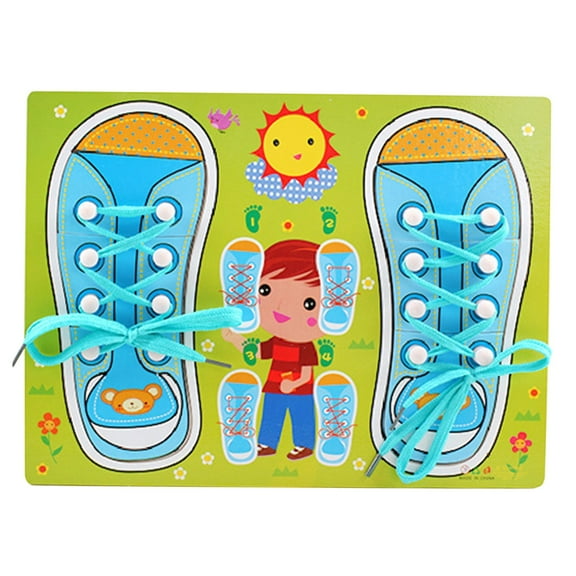 Blue Wooden Lacing Shoe Toy Learn To Tie Shoes Educational Board For Kids Fine Motor Skill Practice For Preschoolers Training Kit (0.62Lb)