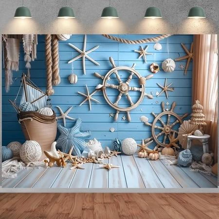 Blue Wooden Nautical Birthday Backdrop Summer Holiday Beach Nautical Adventure Newborn Shower Background Ahoy Nautical Boy Birthday Party Decorations Banner Photo Booth Props