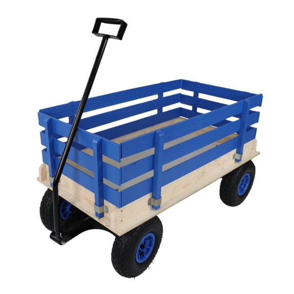 Blue Wooden Pull Wagon with Removable Side Rails and All Terrain Wheels Heavy Duty Outdoor Garden Cart Portable Utility Wagon for Beach Camping and Backyard Use