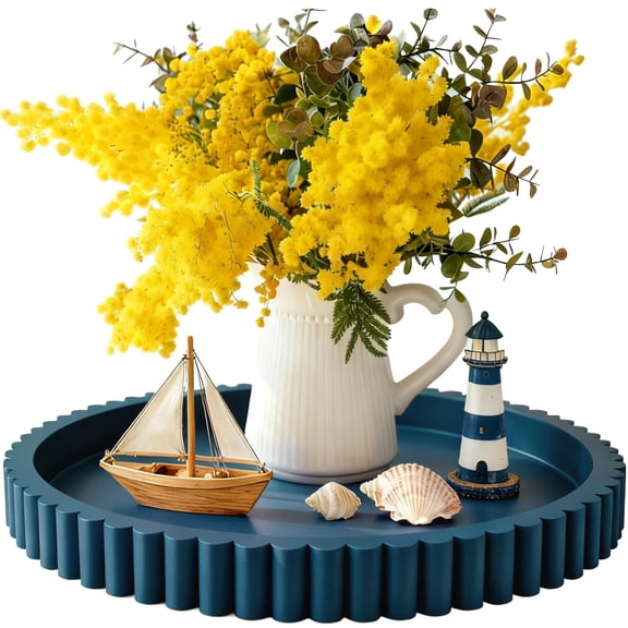 Blue Wooden Round Serving Tray For Coffee Table, Kitchen, Living Room Home Decor
