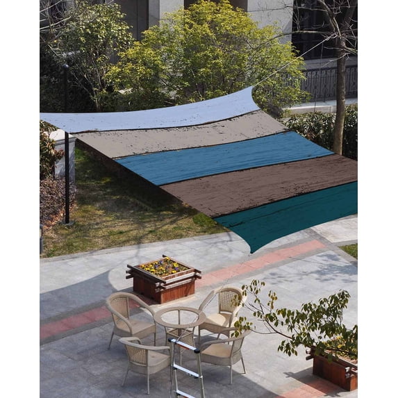 Blue Wooden Sun Shade Sail 6.5'x10' Rectangle Outdoor Shade Canopy, Grey Stripe Gradient Country Rustic Grain Porch Shades Outdoor Sun Blocking Screen, Sunshade Cloth Covers for Patio/Deck/Garden