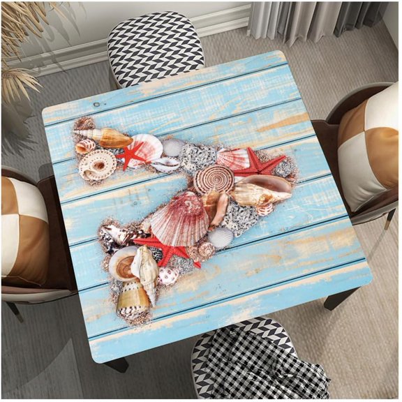 Blue Wooden Texture Background Sqaure Table Covers with Elastic, Waterproof Heat Insulation Tablecloth for Dinning Tea Negotiating Table, Suits for 36"x36" Table, Style 207