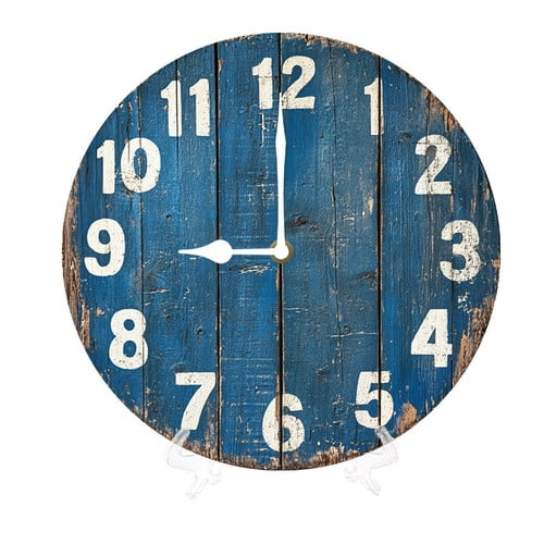 Blue Wooden Wall Clock Battery Operated Rustic Farmhouse Round Clock Silent Non Ticking Round Clock Art Wall Decor for Home, Office, School 10 Inch