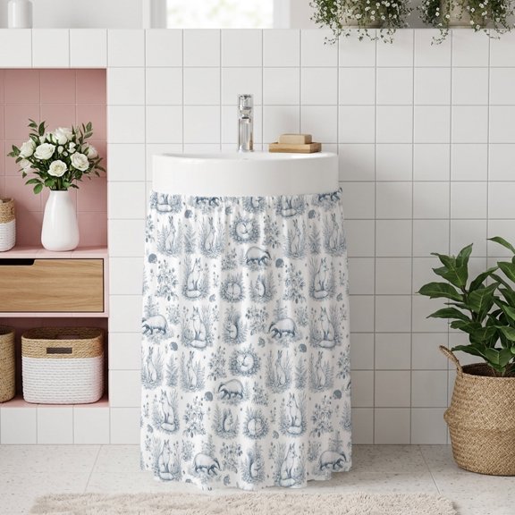 Blue Woodland Small Sink Skirt, Bathroom Vanity Cabinet Adhesive Curtain, Nature Botanical Fox Bunny Squirrel Utility Under Sink Cover Decorative Kitchen Cabinet Curtains 10"x11"