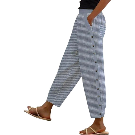 Blue Workout Leggings Women's Solid Color Striped Buttoned Cropped Trousers Casual Pants Women