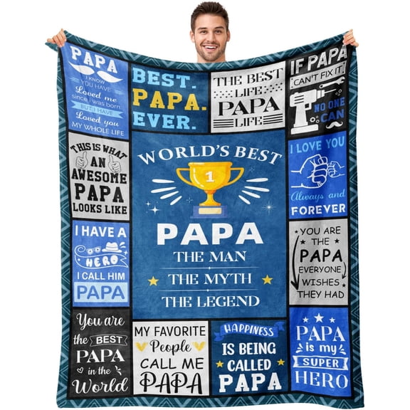 Blue Worlds Best Papa Man Myth Legend Collage Throw Blanket Soft Plush Fleece for Dad Gift