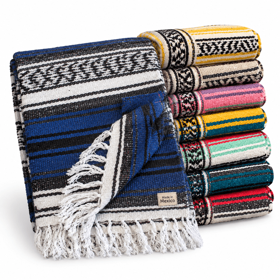 Blue Woven Falsa Throw Blanket 70"x50" with Fringe, Handmade Southwest Decor for Yoga and Outdoor Use