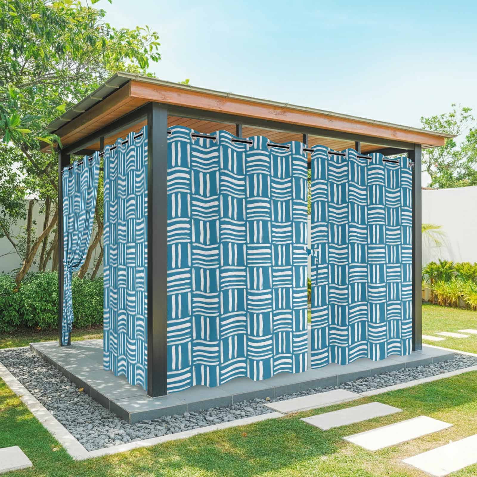 Blue Woven Texture Outdoor Curtains for Patio, Modern Minimalist Navy Blue Grid Pattern Sunshade Privacy Drapes Grommet Waterproof Outside Curtains for Porch/Cabana/Balcony 54"x 108", 1 Panel
