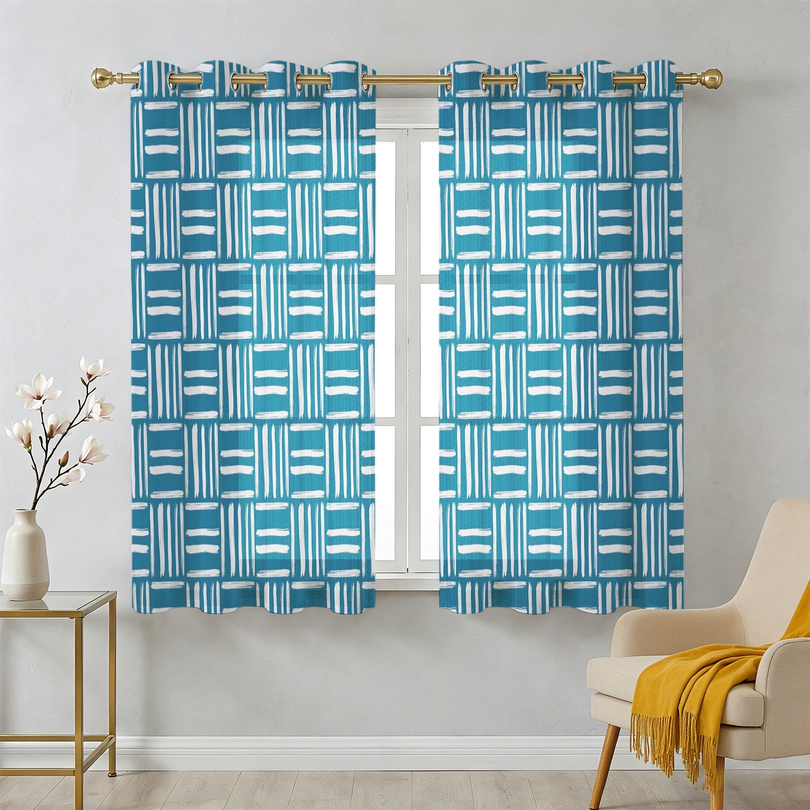 Blue Woven Texture Sheer Curtains 54 Inch Long 2 Panels, Modern ...