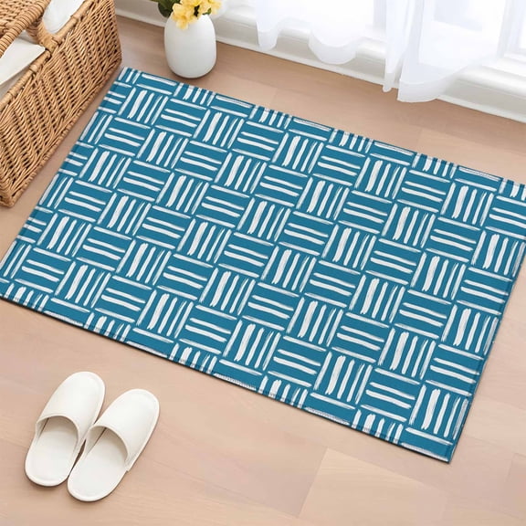 Blue Woven Texture Washable Area Rug 2 x 3 ft Modern Minimalist Navy Blue Grid Pattern , Soft Non Slip Rugs Stain Repellent Indoor Felt Carpet for Living Dining Room Bedroom Home Office