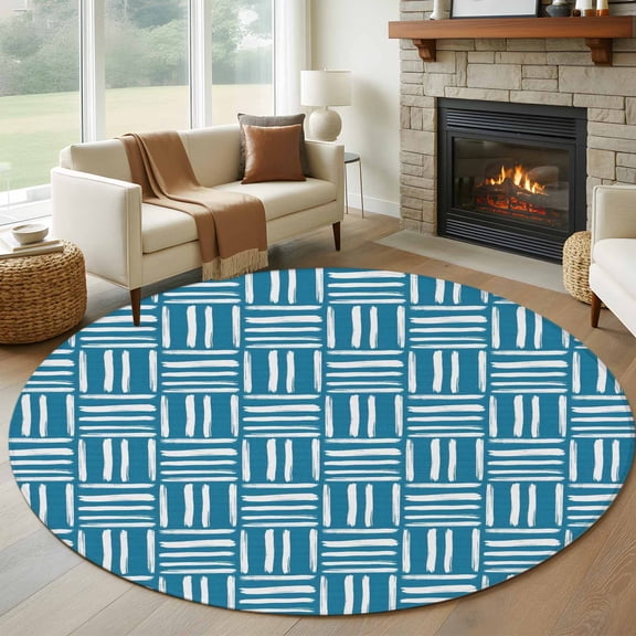 Blue Woven Texture Washable Round Area Rug 6 ft, Modern Minimalist Navy Blue Grid Pattern , Soft Non Slip Rugs Stain Repellent Indoor Felt Carpet for Living Dining Room Bedroom Home Office