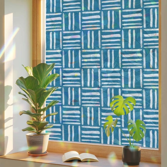 Blue Woven Texture Window Privacy Film, Modern Minimalist Navy Blue Grid Pattern Stained Glass Rainbow Film Decorative Window Clings, Static Cling Sun Blocking Stickers 17.7" x 39.3"