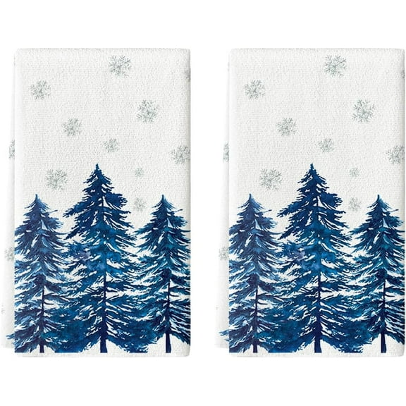 Blue Xmas Tree Christmas Kitchen Towels Dish Towels, 16x24 Inch Farmhouse Snowflakes Winter Decoration Cleaning Set of 2