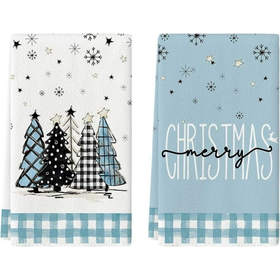 Blue Xmas Tree Merry Christmas Kitchen Towels Dish Towels, 18x26 Inch Buffalo Plaid Snowflakes Winter Decoration Hand Towels Set of 2