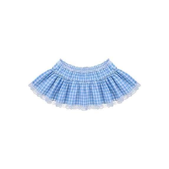 Blue Y2K Gingham Mini Skirt With Lace Trim And Ruffle Waist A-Line Pleated Skirt