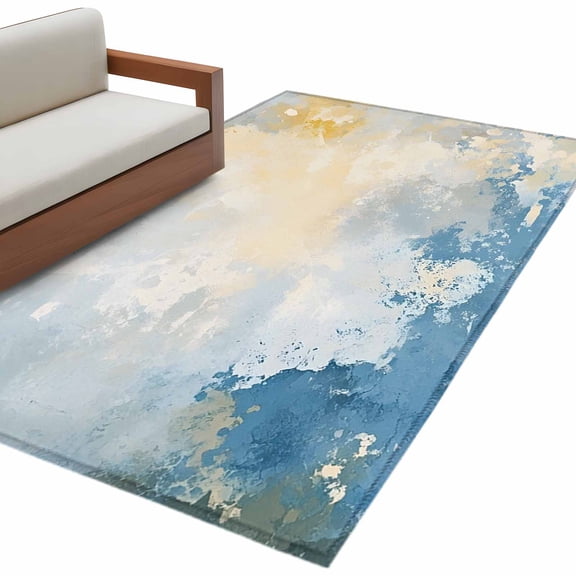 Blue Yellow 3'x5' Washable Rug, Modern Vintage Oil Painting Abstract Non-Slip Area Rugs for Entryway Kitchen Classroom, Dorm Throw Carpet, Low Pile Soft Indoor Floor Mat