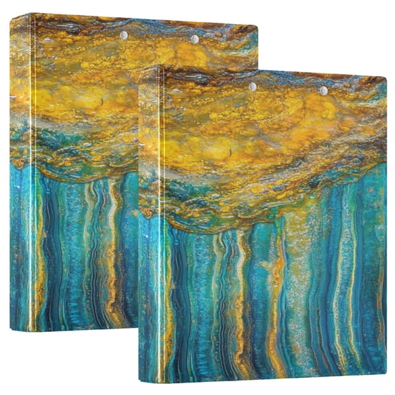 Blue Yellow Abstract Art 12.4x10.6in PVC Round Ring Binders, 2-Pack, D-Ring 3-Hole, Metal Clip